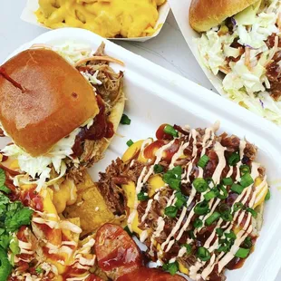 Sampler Planner, Smoked Spud with Brisket, Brisket Slider, Jackfruit Slider