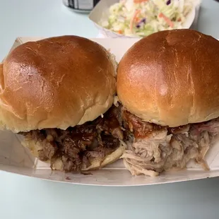 Brisket and pulled pork sliders with the sole slaw on the side