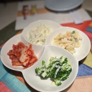 House Side Dishes: broccoli, kimchi, mac salad, mayo cucumber strands