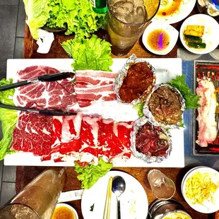 The 4-person combo with chicken, beef, and pork. Different flavors and seasoning... soooo good.