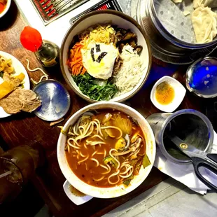 Noodles and rice plates.