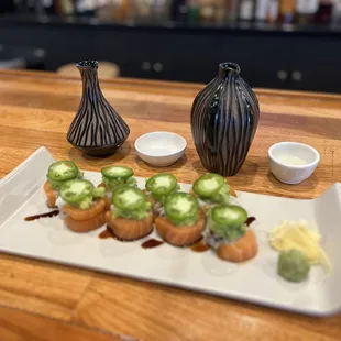 Mexican Roll with hot sake and soy sauce