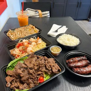 Cambodian Beef Sausage, Side order of sticky rice &amp; jasmine rice, Cambodian stir fry beef, Lao Papaya W/Cooked Shrimp &amp; Tofu Pad Thai.