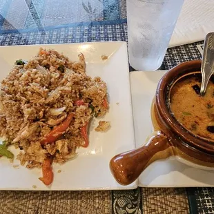 Spicy soup and rice. Big glass of water.