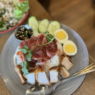 Roasted Pork and Crispy Pork Belly Over Rice