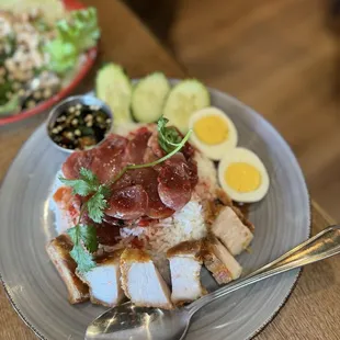 Roasted Pork and Crispy Pork Belly Over Rice