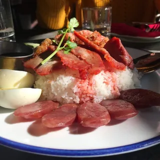 Roasted Pork and Crispy Pork Belly Over Rice