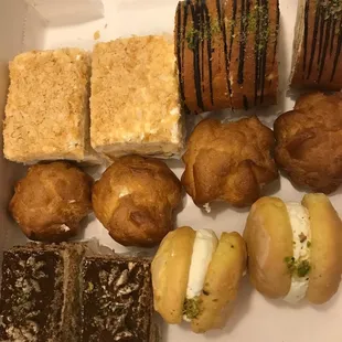 Cream puffs, napoleon pastry, rolette, coffee pastry and delicate cream sandwich. Absolutely delicious