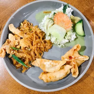 Pad Thai, Crab Wonton, Potstickers, Avocado Curry