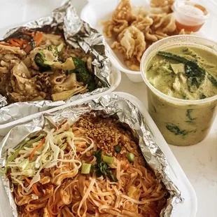 Chicken Pad Thai, Chicken Pad Kee Mao, Chicken Green Curry (add broccoli), Crab Delight