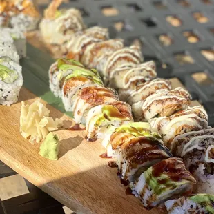 sushi on a wooden board