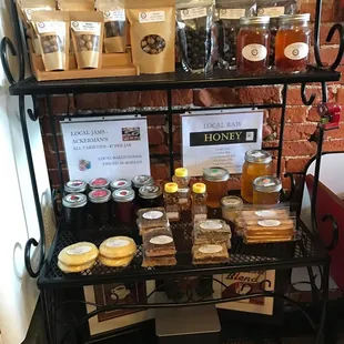 Local honey, chocolate covered coffee beans, local jam, homemade treats, and more!