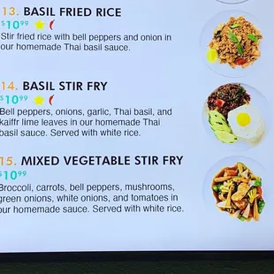 The basil stirfry does not come with the egg pictured on the menu. Pretty misleading, if you ask me.