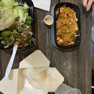 Pad Thai and Larb salad with sticky rice