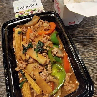 Spicy Basil Stir Fry veggies, you pick your protein, or not. Lots of expensive baby corn.