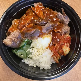 Rice bowl with Pork shoulder and Korean spicy sauce