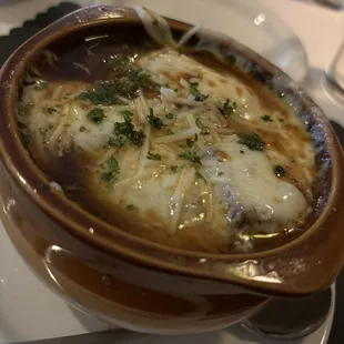 Crock of French onion soup