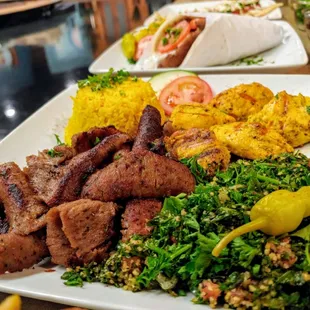 Gyros and chicken kebab with yellow rice and tabbouleh, yummy!!!