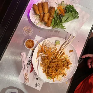 Chicken pad Thai and spring rolls (pork)