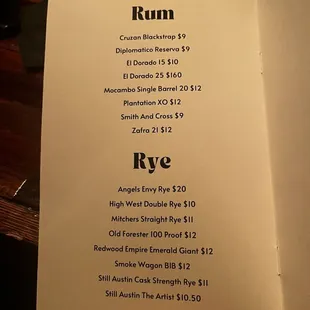 Bar menu