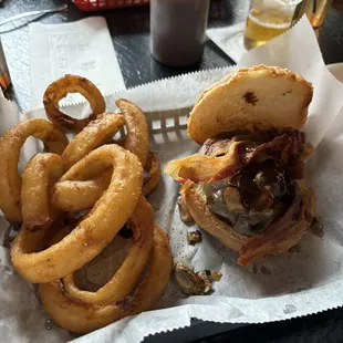 Mushroom Swiss Burger with onion rings