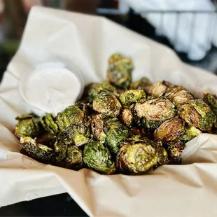 Fried brusselsprouts appetizer with horseradish aioli - delish!