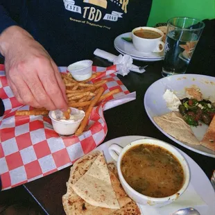 Mezze plate, soup of the day, and the best fries in town