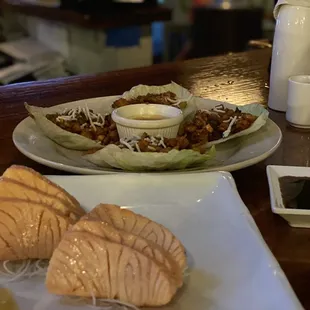 Chicken Lettuce Wraps and 2 orders of lightly seared Salmon Sashimi!