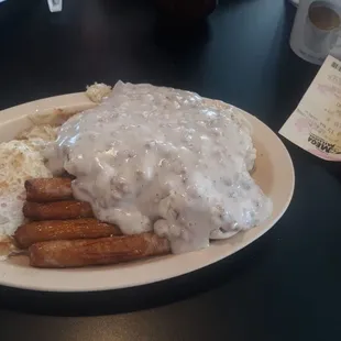 Biscuit and gravy with egg and sausage