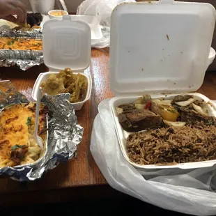 Rice and beans Chicken in sauce  Mac and cheese