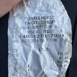 A receipt for 16.44$ the gave me Less then 2$ in change