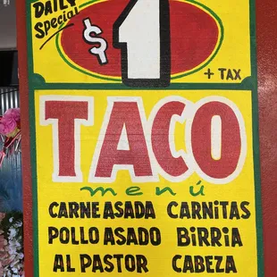 Daily taco special only $1.00 dollar