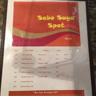 the menu for the restaurant