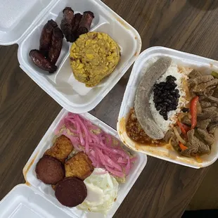 Mofongo with Dominican Sausage, Mangu 3 Golpes, Bistec Salteada with Guineo.