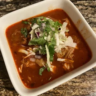 My Posole take out dish.  It was so good!  Great flavors and came with all the garnishes.