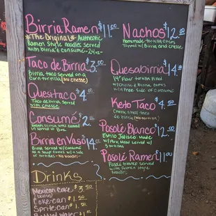 a menu on a chalk board