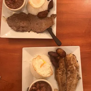 Fish / Steak with egg, beans, rice &amp; sweet plantain