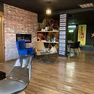 a living room with a fireplace