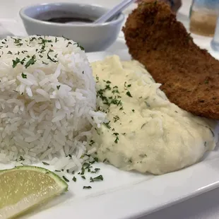Fish Filet with rice, beans and mashed potatoes