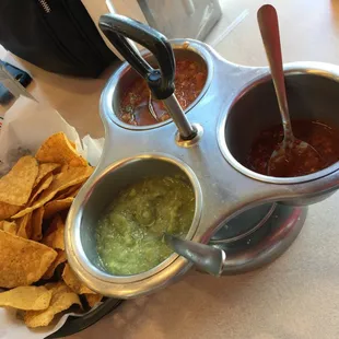 Chips with three salsa options.