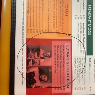 Torta and Grilled cheese menu