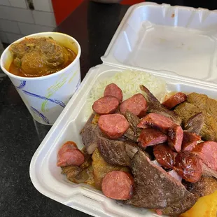 Spicy Sausage, Garlic Crust and Regular Picanha, Jasmine Rice, and Oxtail on the side