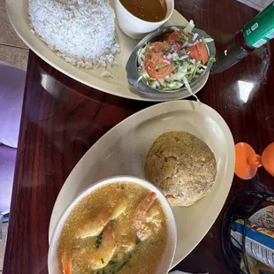(Garlic shrimp) with mashed plantains aka Mofongo Camarones Al Ajillo.. white rice, beans &amp; salad