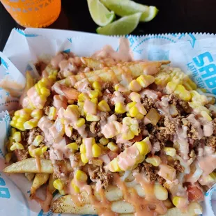 Davidson Location ONLY has Colombian Fries. French Fries with ground beef, cheese, fresh corn and rosada sauce!