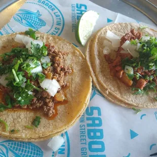 Chorizo and Al Pastor tacos.