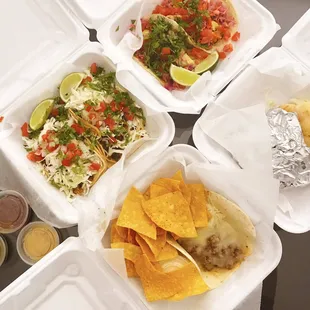 Tacos Locos, Fish Tacos, Tacos Americano and Arepa