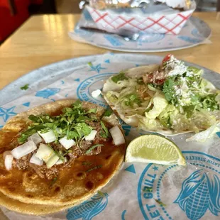 Al pastor taco (left) and shrimp taco (right)