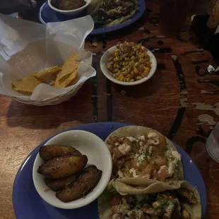 shrimp taco, salmon taco, and plantains