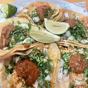 Shredded chicken with onions, cilantro and Chile de Arbol salsa.