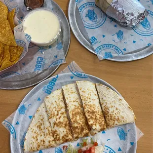 Chicken Quesadilla, 3 Amigos Burrito , Queso and Chips